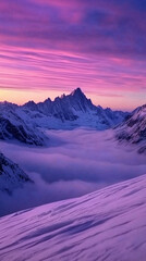 A photograph of the view from an alpine mountain top at night. Snow-covered mountains with fog below and a pink sunset sky. Beautiful winter landscape, romantic sunset or sunrise with snowy mountains.