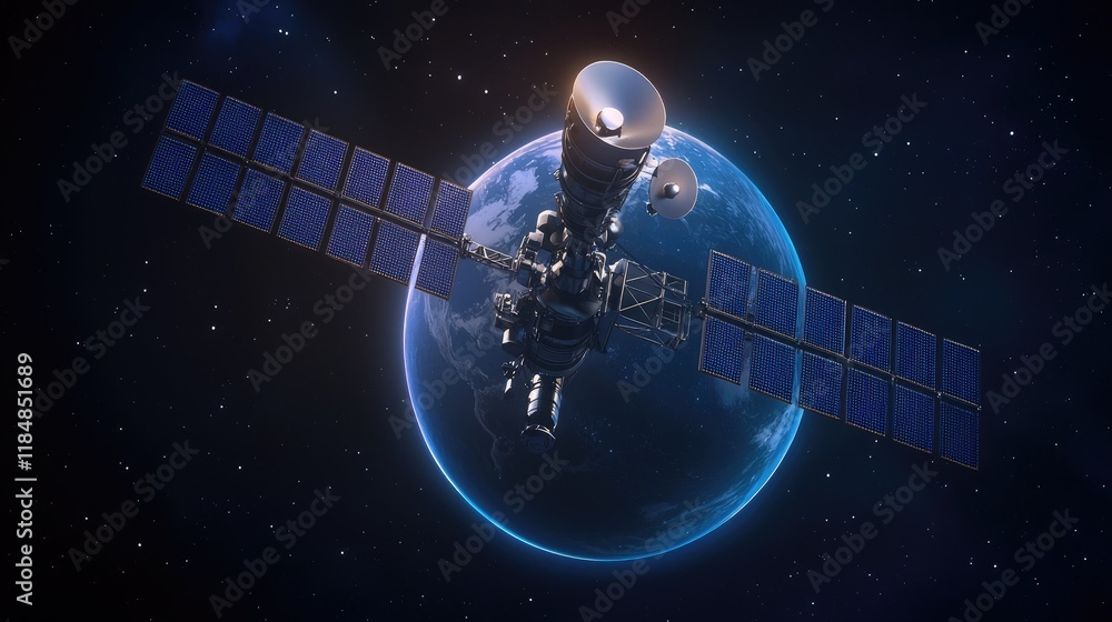 Poster satellite launch event earth orbit digital image space environment 3d viewpoint technology concept