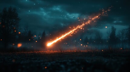 Night sky fiery meteor falling field fantasy