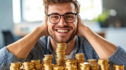 Confident Entrepreneur with Gold Coins in Sunlight