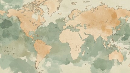 Vintage World Map with Artistic Watercolor Effects. Detailed and Beautiful Representation of the Earth. Explore the World's Continents and Oceans with this Exquisite Map.