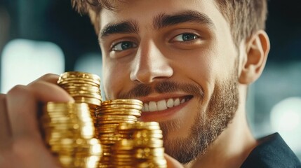 Confident Entrepreneur with Gold Coins in Morning Light