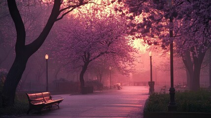 Misty dawn, pink blossoms, park benches, lamps.