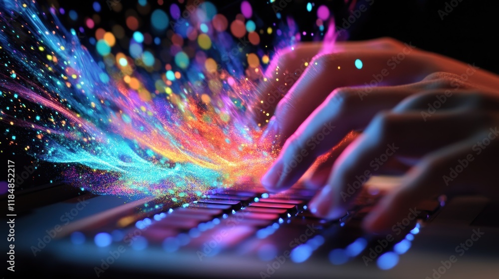Poster close up of programmer's hands typing on illuminated laptop keyboard, generating vibrant, dynamic st