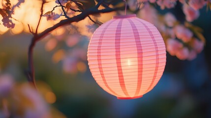 Obraz premium Illuminated paper lantern hangs among blossoms.