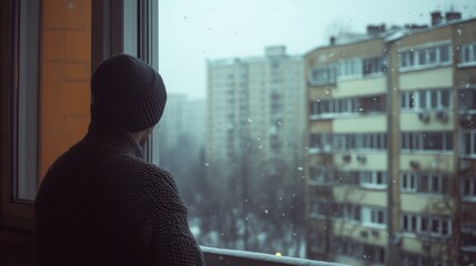 Fototapeta premium Contemplation in the snowy night, a man in a sweater reflects on life in Russia