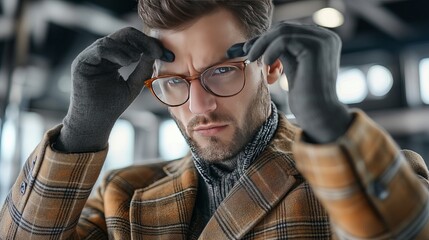 Obraz premium Engineer in protective glasses examining a digital interface in a futuristic lab setting. Concept of innovation and scientific progress