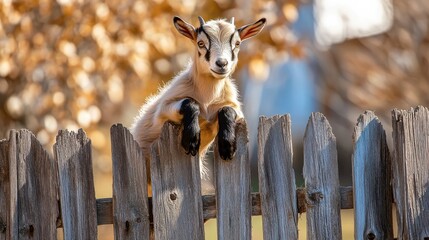 Goat Climbing Rustic Wooden Fence in Natural Light