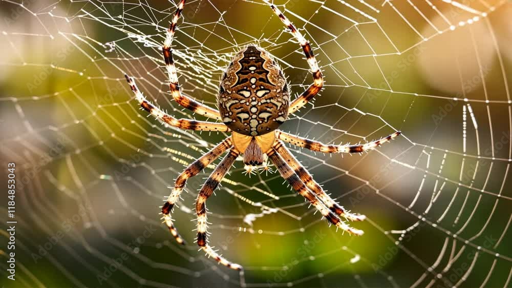 Aufkleber Close up of spider weaving its intricate web in sunlight, showcasing detailed patterns and colors in beautiful outdoor nature scene, highlighting beauty of this animal and its macro details.