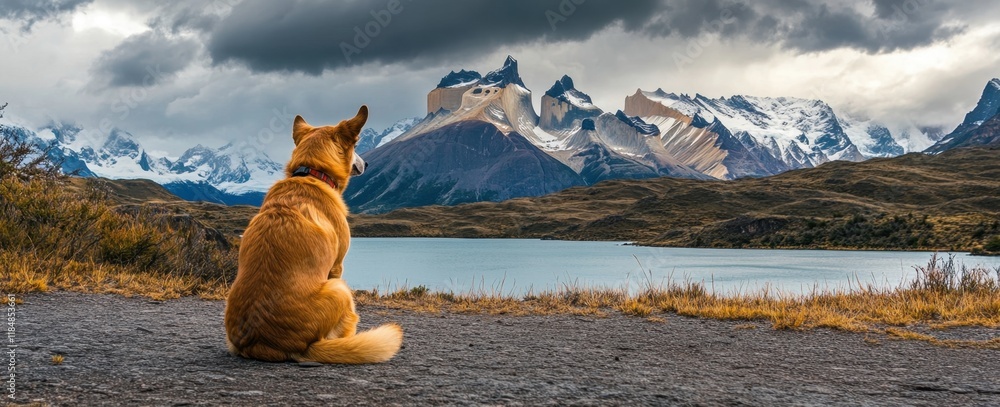 Poster back view of a dog sitting on the ground in front of the patagonia mountain range, with a cloudy sky