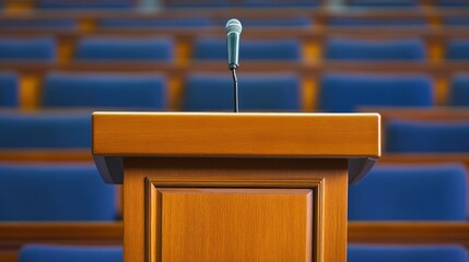 wooden podium stands at the front of an empty auditorium, equipped with a microphone. rows of blue seats provide a backdrop for upcoming presentations and speakers