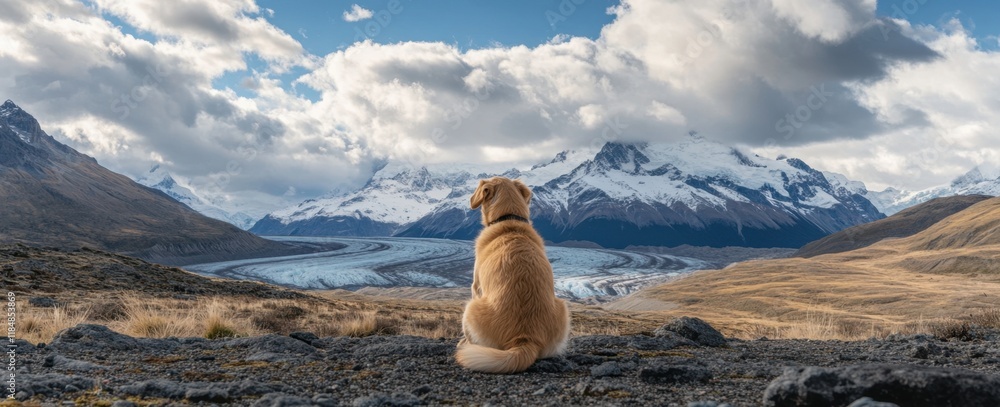 Poster back view of a dog sitting on the floor in front of patagonian mountains, with clouds in the sky gen