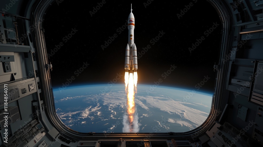 Poster rocket launch from spacecraft viewing earth science event outer space dramatic perspective explorati
