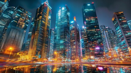 Fototapeta premium Night cityscape, illuminated skyscrapers, light trails reflect.