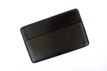 Elegance black leather card wallet on white background.