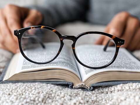 A person reading a book with a pair of glasses on top of it