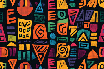Vibrant African tribal geometric pattern, featuring colorful shapes and seamless repetition for bold designs