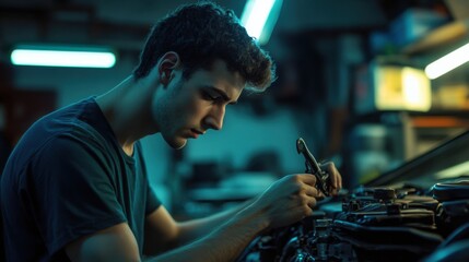 Man Fixing Car Engine in Garage Under Fluorescent Light