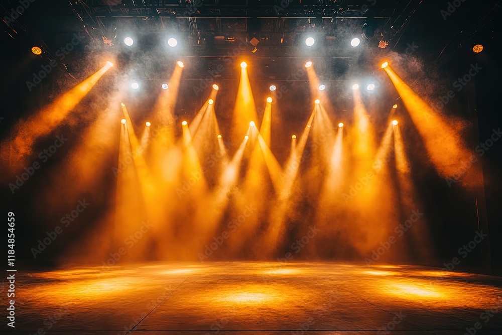 Poster yellow and white spotlights illuminate stage floor in a dark room, creating a dynamic and visually s