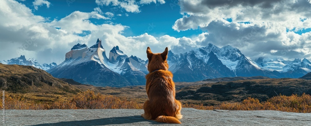 Poster back view of a dog sitting on the floor in front of patagonian mountains, with clouds in the sky gen