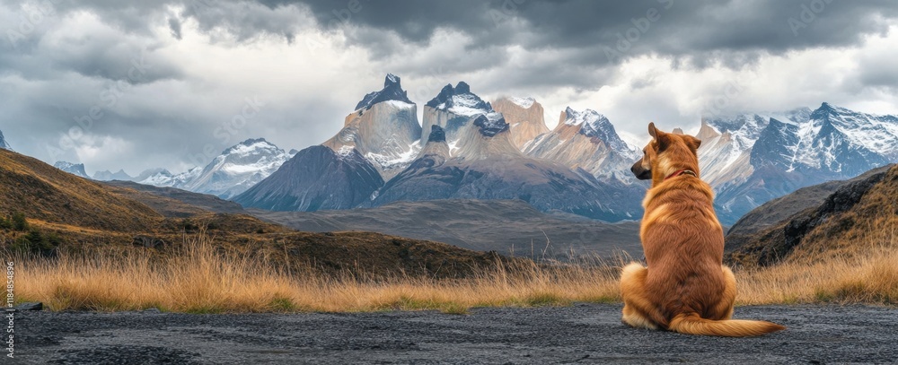 Poster back view of a dog sitting on the floor, in front of a mountain range in patagonia with clouds gener