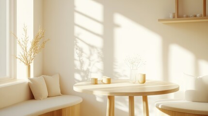 Fototapeta premium Scandinavian breakfast nook with white walls, light wood details, and sunlight softly illuminating minimalist decor