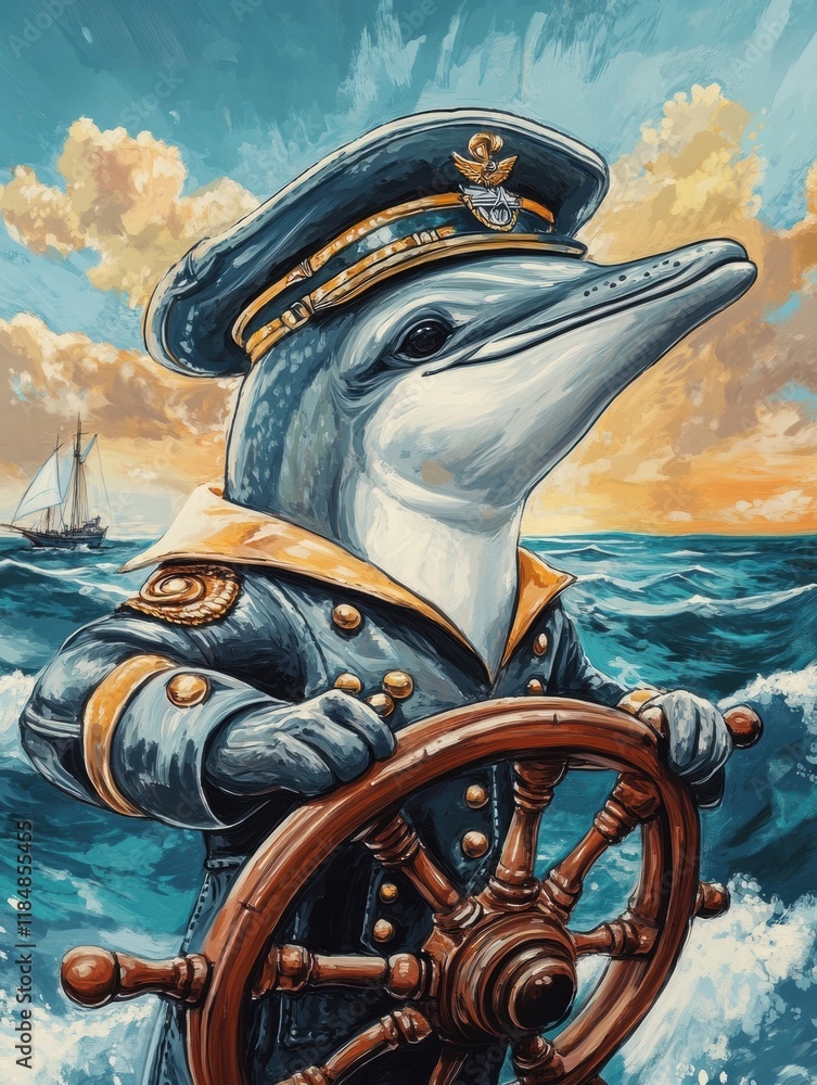 Poster dolphin in captains attire navigating ocean waves with ships wheel at sunset. generative ai