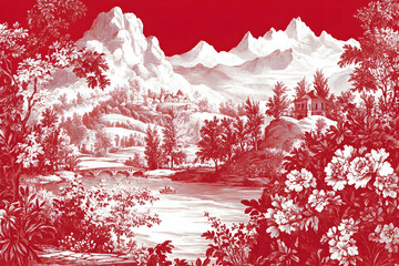 Vintage French-inspired floral toile pattern in red with intricate scenic and botanical motifs