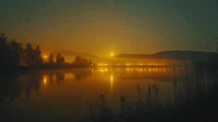 Naklejka premium Nighttime reflections of a tranquil lake illuminated by distant city lights