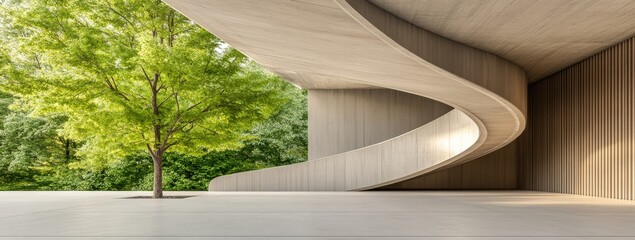 Minimalist Concrete Building Interior with Curved Roof and Central Tree