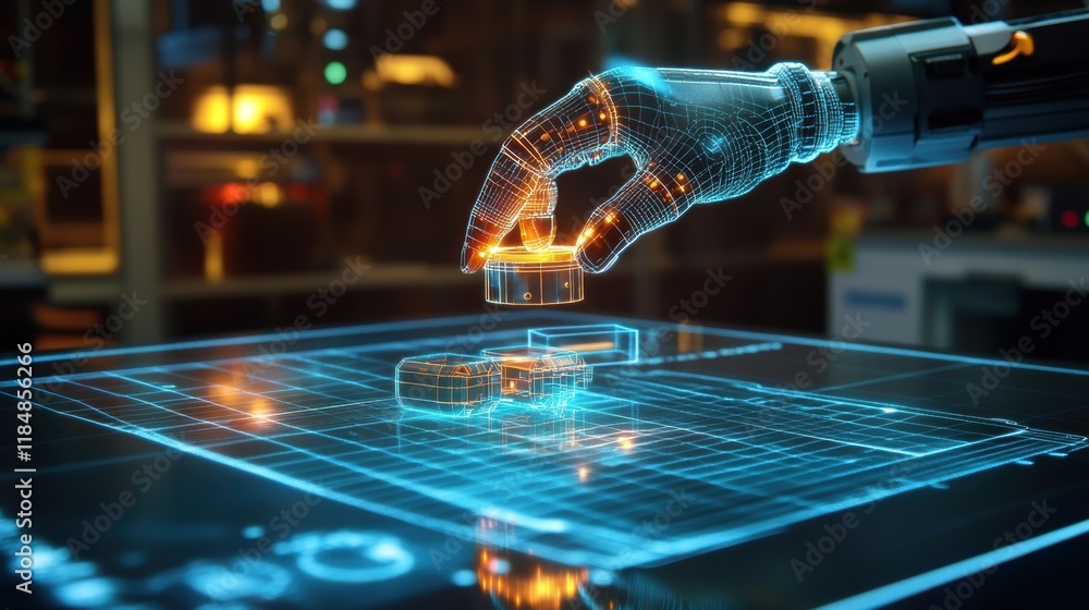 Aufkleber holographic projection of a robotic arm carefully picking and placing a component onto a digital blu