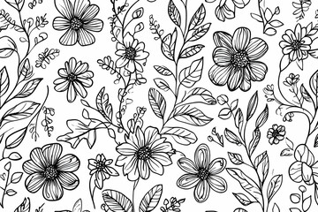 Whimsical black and white doodle drawings forming an intricate seamless pattern