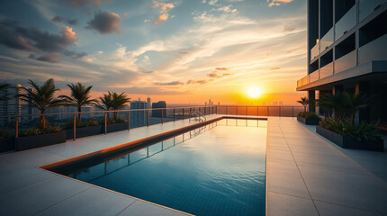 Fototapeta premium The rooftop swimming pool, sparkling with clarity, offers a breathtaking panoramic view of the bustling downtown skyline, perched atop a sleek hotel apartment building