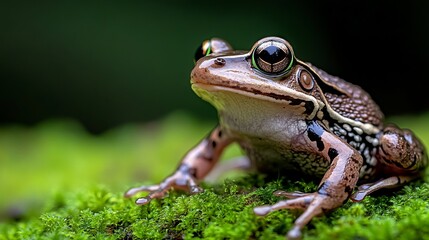 Fototapeta premium A frog sitting on a moss covered ground