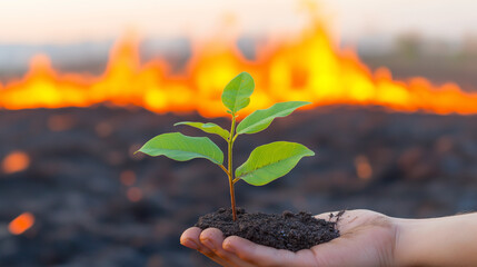 Hand holding sapling with fire and scorched earth background