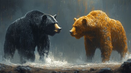 Two bears, black and brown, facing each other in a misty forest.