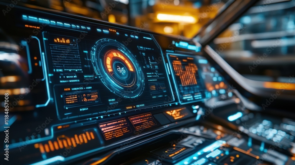 Poster futuristic control panel with glowing digital display monitoring a manufacturing process in a high t