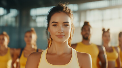 Fitness class participants showcasing team spirit in gym environment