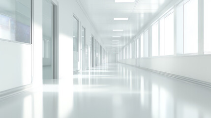 A modern, bright, and sterile hospital corridor with white polished floors, large windows, and clean architectural design, symbolizing purity.

