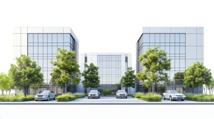 Modern Office Building Complex with Glass Facades and Greenery PNG