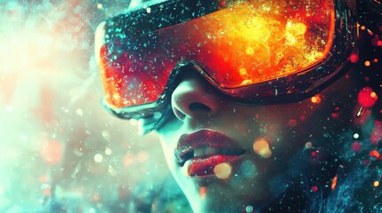 Woman in Futuristic VR Glasses with Vibrant Effects
