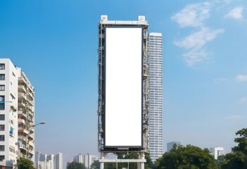 Obraz premium Vertical blank billboard offering advertising space in urban environment with skyscrapers and clear sky