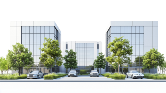 Modern Office Building Complex with Glass Facades and Greenery PNG