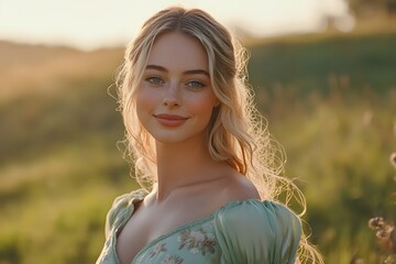 Young woman enjoys golden hour in a serene outdoor setting filled with nature
