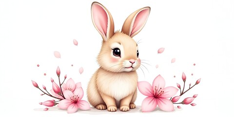 Obraz premium Adorable Bunny Rabbit with Cherry Blossoms Spring Illustration