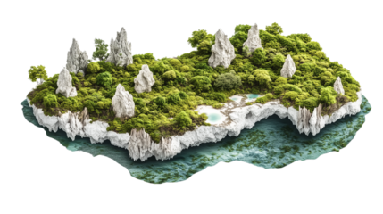 Isometric Tropical Island with Green Foliage and Limestone Rocks PNG
