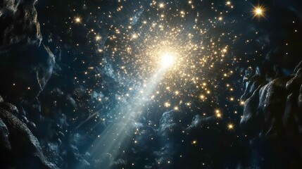 Bright light beam shining through dark space with glittering particles.