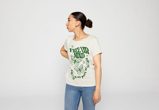 Middle Eastern Woman Modeling a T-Shirt Design