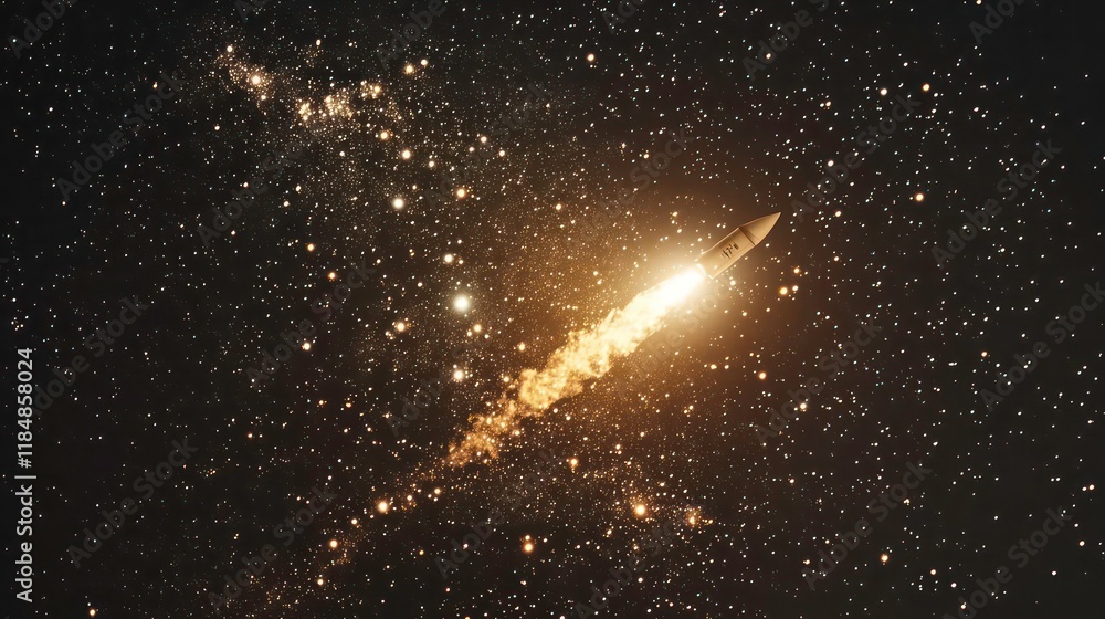 Poster rocket launching into space, fiery trail against a backdrop of stars and galaxies.