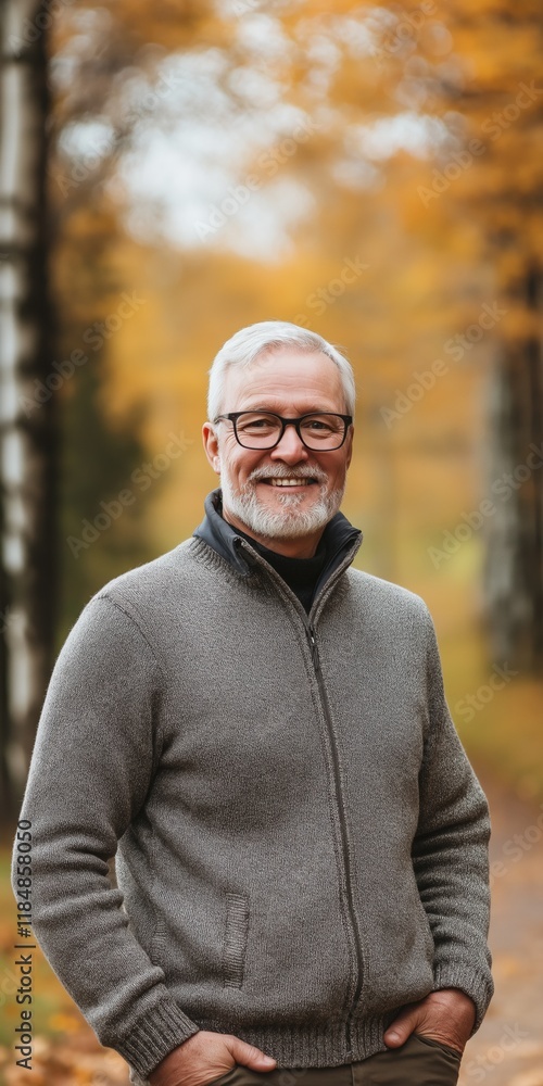 Poster a man wearing glasses and a gray sweater is smiling for the camera. he is standing in a forest with 